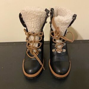 Nine West Penni3 Lace-Up Block Heel Black and Ivory Sherpa Combat Boots, 6.5M